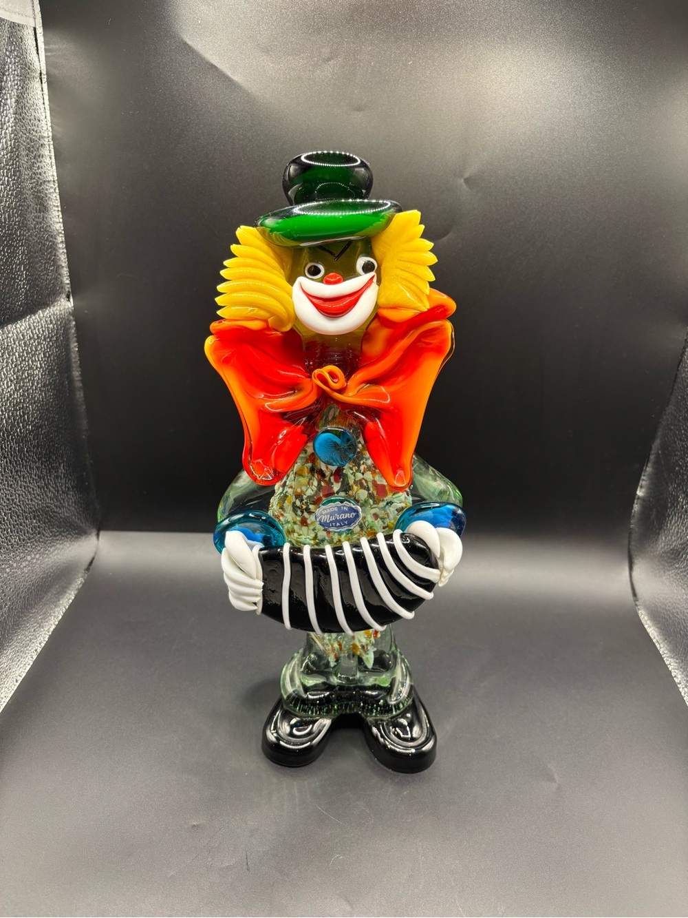 Vintage Murano Abstract Clown Accordion Green Hat Art Glass Hand Blown 11.5”